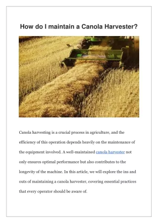 How do I maintain a Canola Harvester?