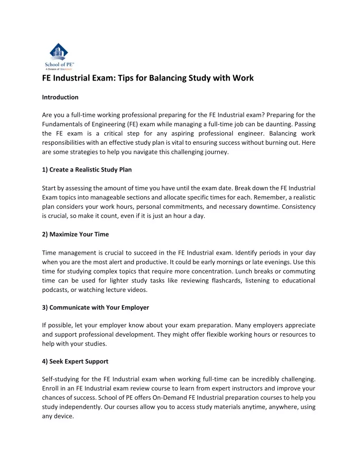fe industrial exam tips for balancing study with