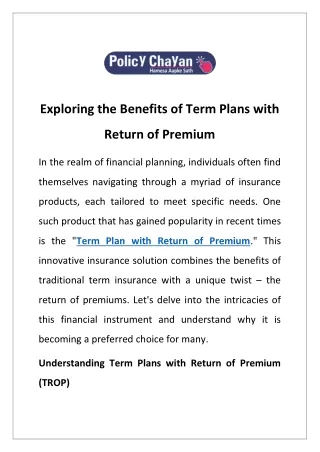 exploring the benefits of term plans with