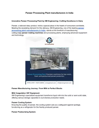 Paneer Processing Plant manufacturers in India - SM Engineering