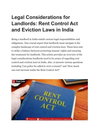 Rent Control Act and Eviction Laws in India