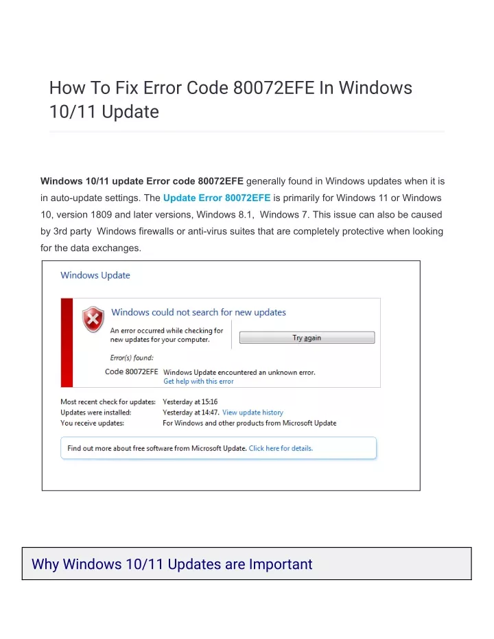 how to fix error code 80072efe in windows