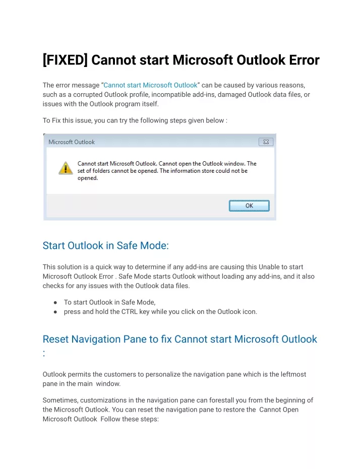 fixed cannot start microsoft outlook error
