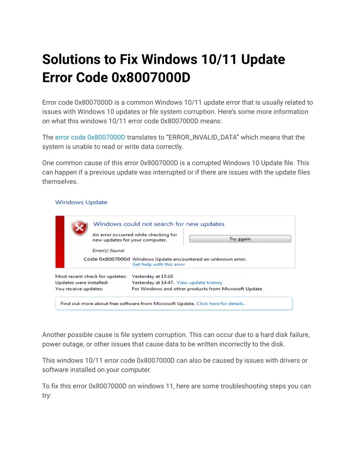 solutions to fix windows 10 11 update error code