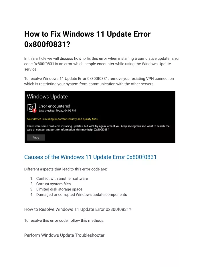 how to fix windows 11 update error 0x800f0831
