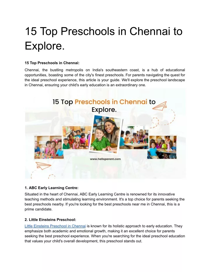 Ppt 15 Top Preschools In Chennai To Explore Powerpoint Presentation