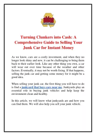 Turning Clunkers into Cash  A Comprehensive Guide to Selling Your Junk Car for Instant Money