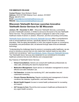 "Wisconsin Telehealth Services Launches Innovative TeleHealth Senior Services fo