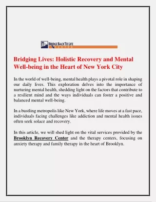 Bridging Lives  Holistic Recovery and Mental Well being in the Heart of New York City