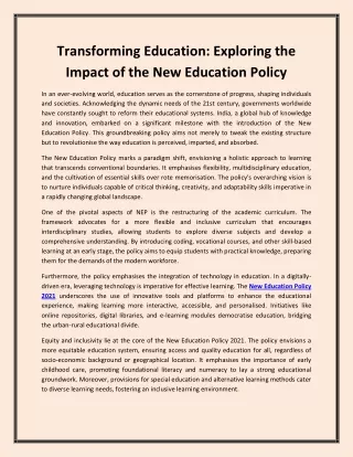 Transforming Education: Exploring the Impact of the New Education Policy