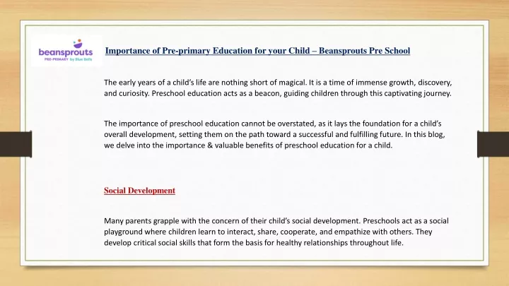 importance of pre primary education for your