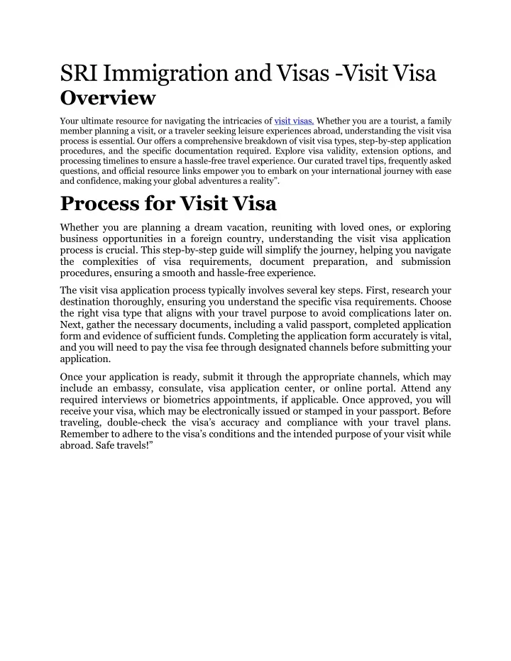 sri immigration and visas visit visa