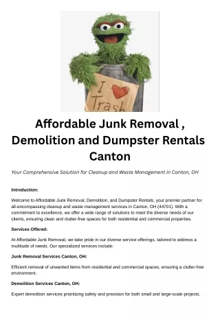Affordable Junk Removal , Demolition and Dumpster Rentals Canton