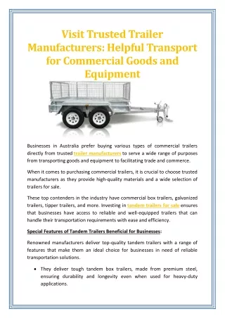 Visit Trusted Trailer Manufacturers: Helpful Transport for Commercial Goods and