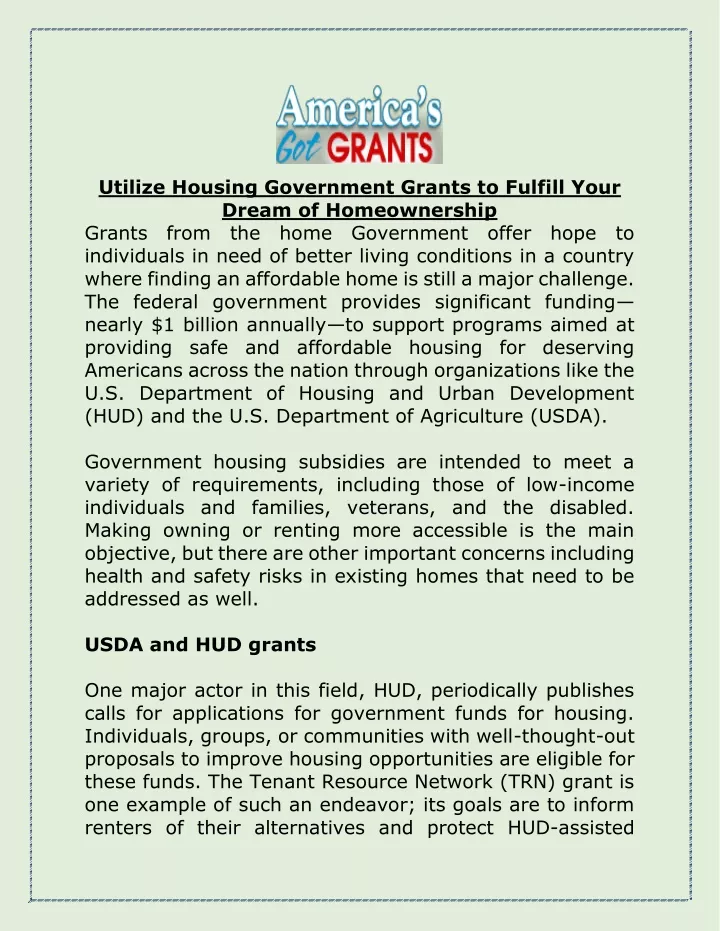 utilize housing government grants to fulfill your