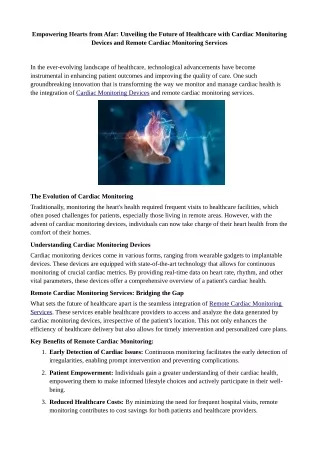 Empowering Hearts from Afar Unveiling the Future of Healthcare with Cardiac Monitoring Devices and Remote Cardiac Monito