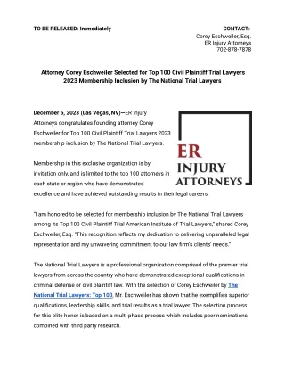 Attorney Corey Eschweiler Selected for Top 100 Civil Plaintiff Trial Lawyers 2023 Membership Inclusion by The National T