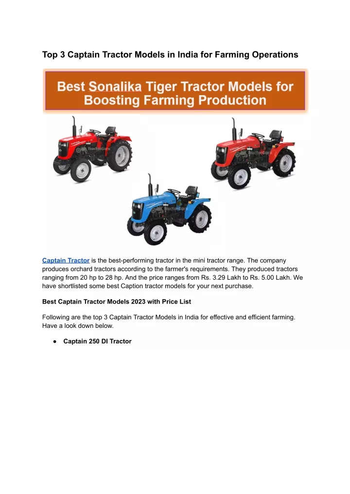 top 3 captain tractor models in india for farming