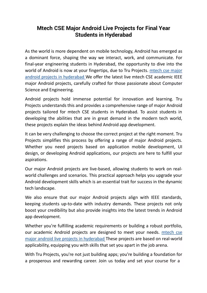 mtech cse major android live projects for final