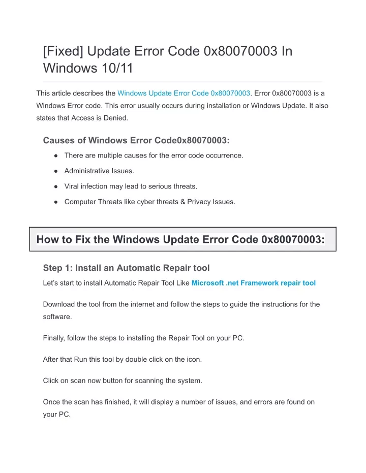 fixed update error code 0x80070003 in windows