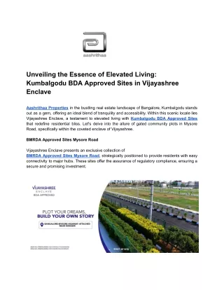 Unveiling the Essence of Elevated Living_ Kumbalgodu BDA Approved Sites in Vijayashree Enclave