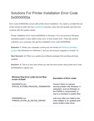 solutions for printer installation error code