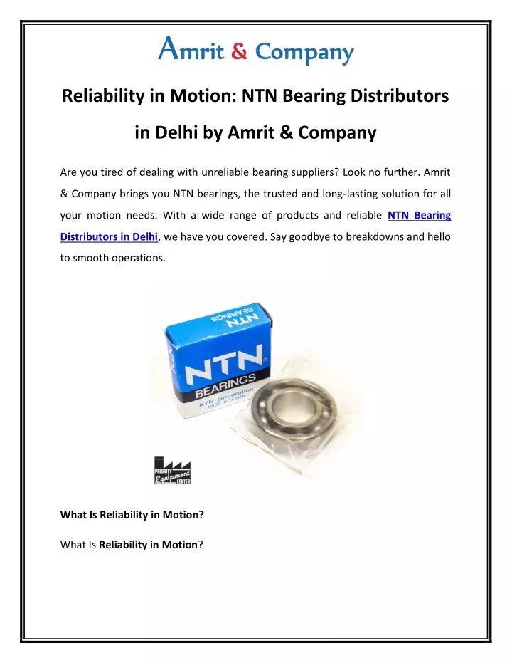 reliability in motion ntn bearing distributors