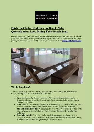 Why Queenslanders Love Dining Table Bench Seats in Queensland, Australia