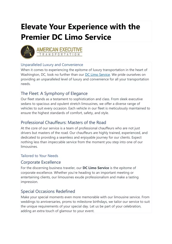 elevate your experience with the premier dc limo