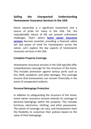 Sailing the Unexpected Understanding Homeowner Insurance Services in the USA