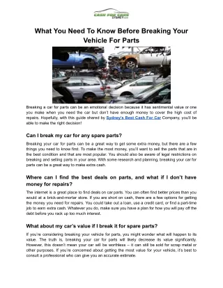 Need To Know Before Breaking Your Vehicle For Parts