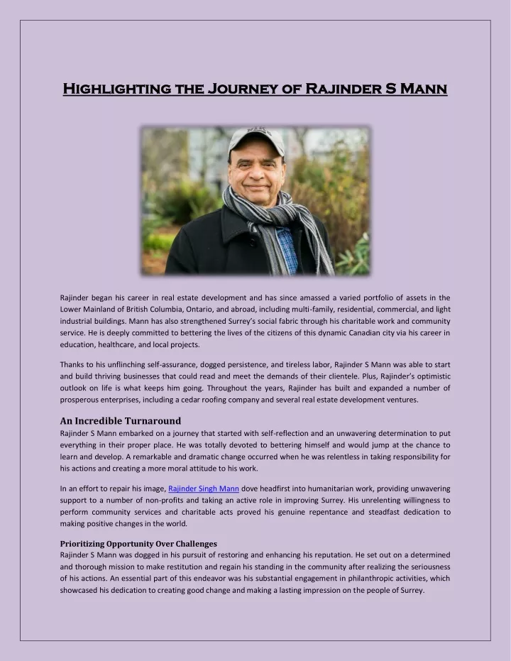 highlighting the journey of rajinder s mann