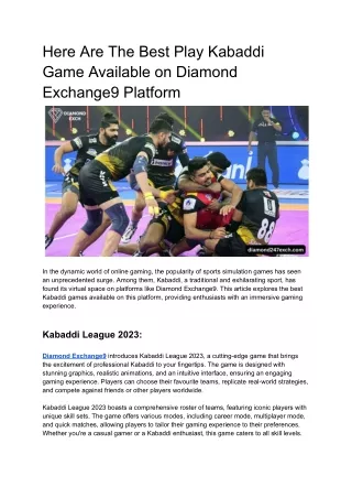 Here Are The Best Play Kabaddi Game Available on Diamond Exchange9 Platform