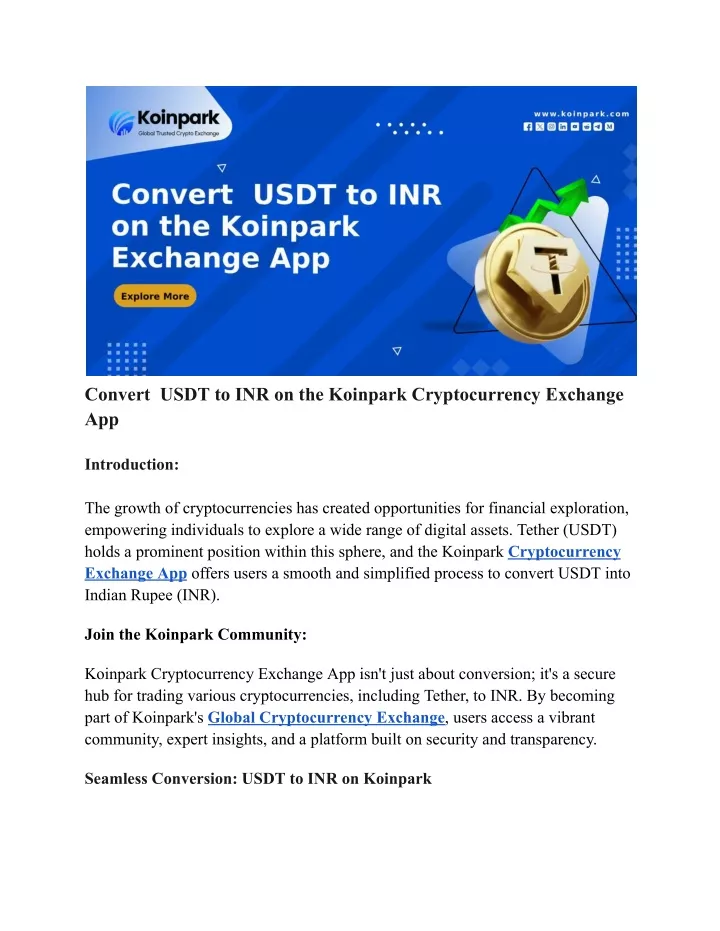 convert usdt to inr on the koinpark
