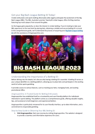 Get your Big Bash League Betting ID Today