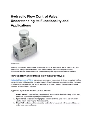 Hydraulic Flow Control Valve_ Understanding Its Functionality and Applications