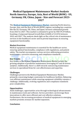 Medical Equipment Maintenance Market Analysis - Size and Forecast 2023-2027