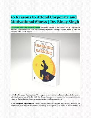 10 Reasons to Attend Corporate and Motivational Shows  Dr. Binay Singh