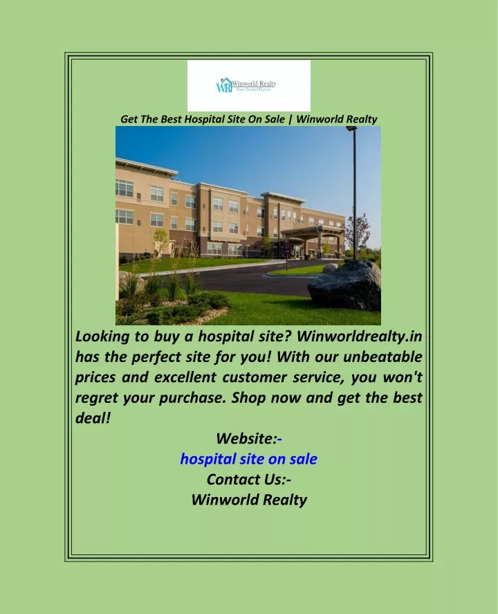 get the best hospital site on sale winworld realty