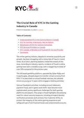 The Crucial Role of KYC in the Gaming Industry in Canada