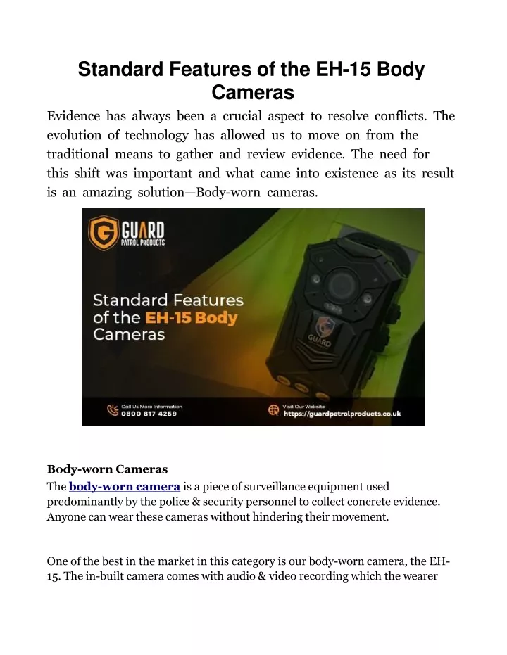 standard features of the eh 15 body cameras