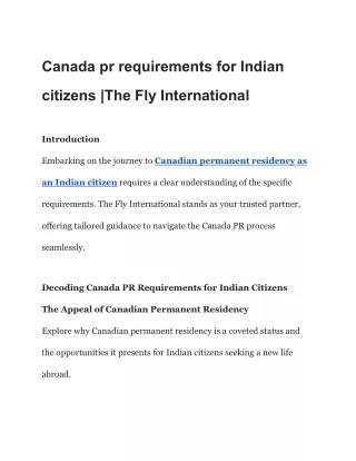 Canada pr requirements for Indian citizens |The Fly International