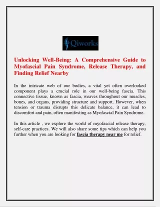 Unlocking Well Being A Comprehensive Guide to Myofascial Pain Syndrome Release Therapy and Finding Relief Nearby