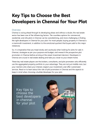 Key Tips to Choose the Best Developers in Chennai for Your Plot