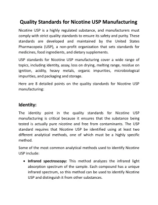 Quality Standards for Nicotine USP Manufacturing