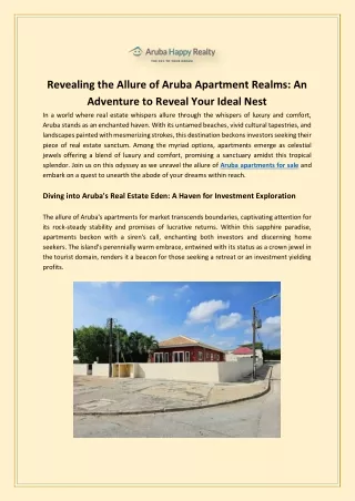 Revealing the Allure of Aruba Apartment Realms: An Adventure to Reveal Your Idea