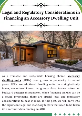 Legal and Regulatory Considerations in Financing an Accessory Dwelling Unit