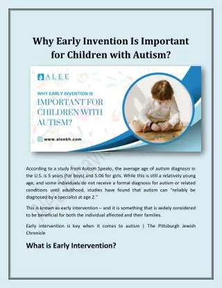 Why Early Invention Is Important for Children with Autism?