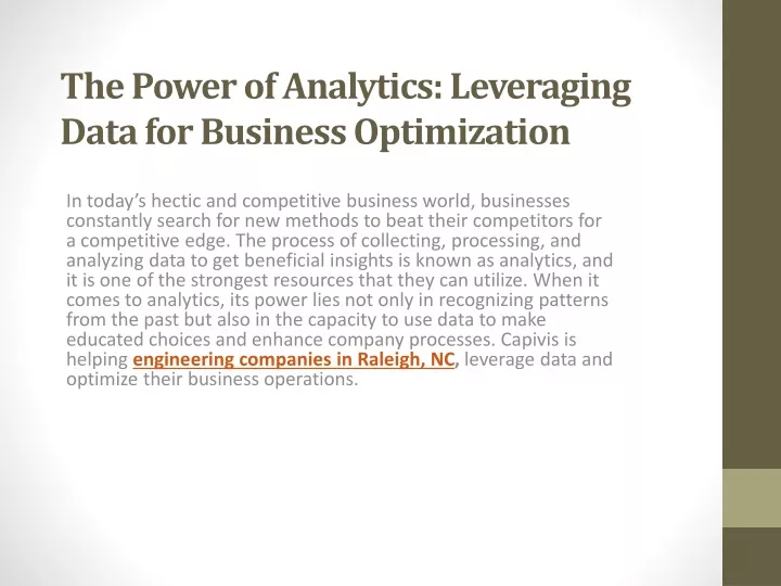 the power of analytics leveraging data for business optimization