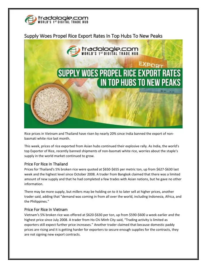 supply woes propel rice export rates in top hubs